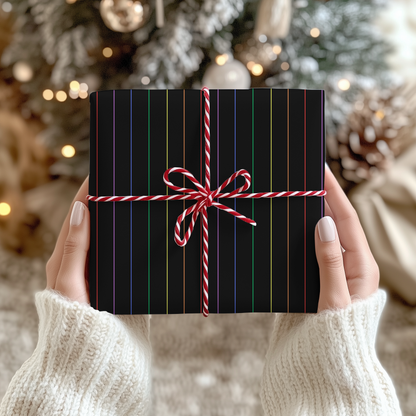 Midnight Rainbow Pinstripes — Black Gift Wrap with Subtle Iridescent Lines