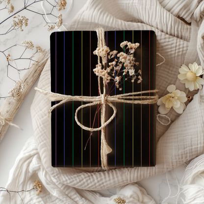 Midnight Rainbow Pinstripes — Black Gift Wrap with Subtle Iridescent Lines