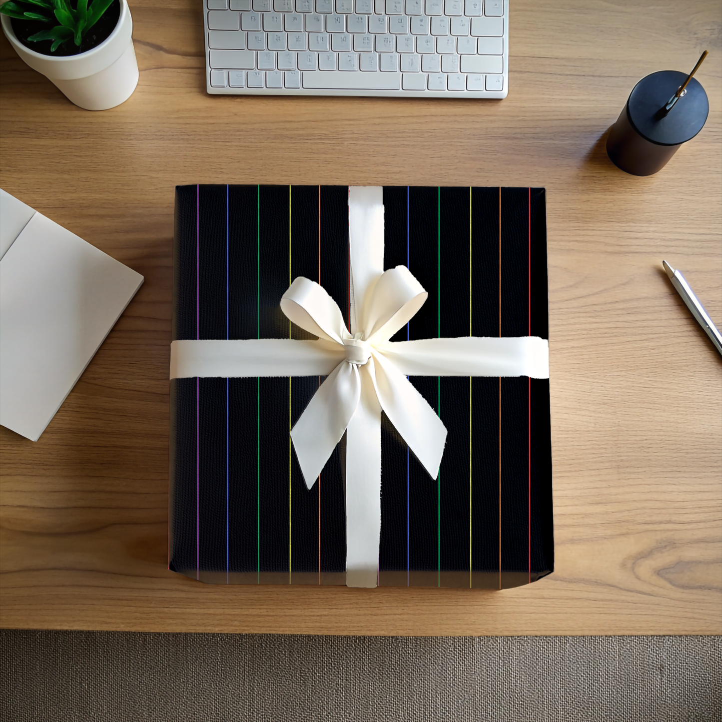 Midnight Rainbow Pinstripes — Black Gift Wrap with Subtle Iridescent Lines