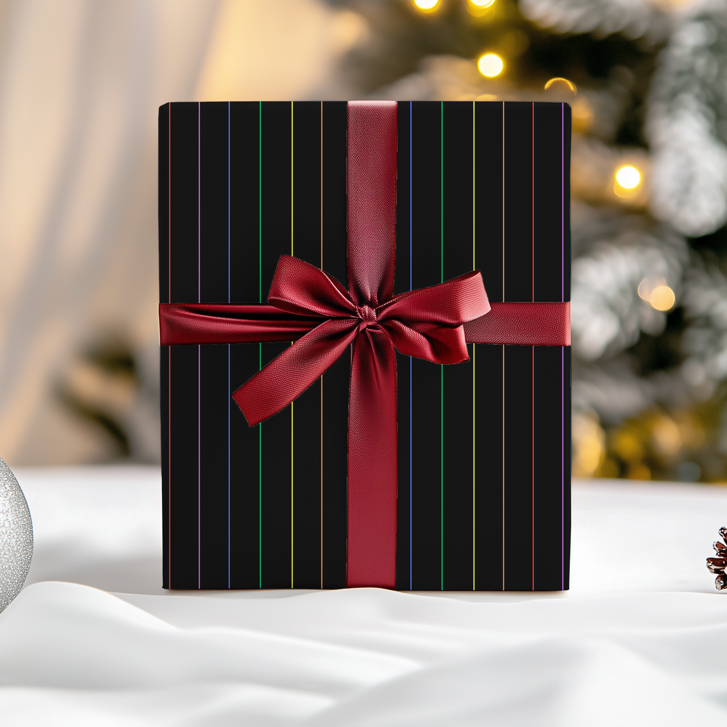 Midnight Rainbow Pinstripes — Black Gift Wrap with Subtle Iridescent Lines
