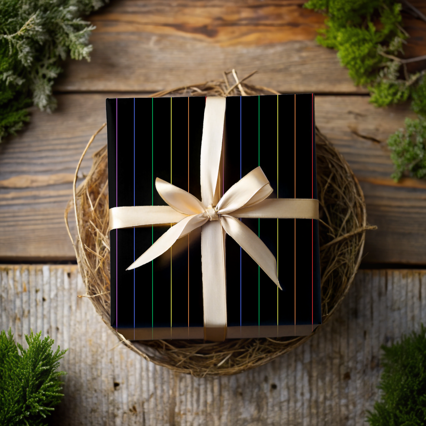 Midnight Rainbow Pinstripes — Black Gift Wrap with Subtle Iridescent Lines