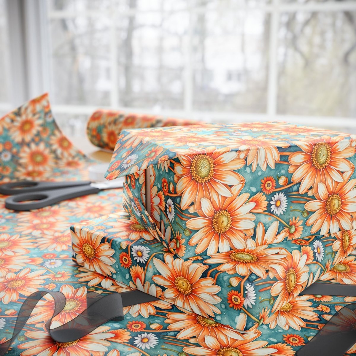 Vibrant Orange Floral Wrapping Paper