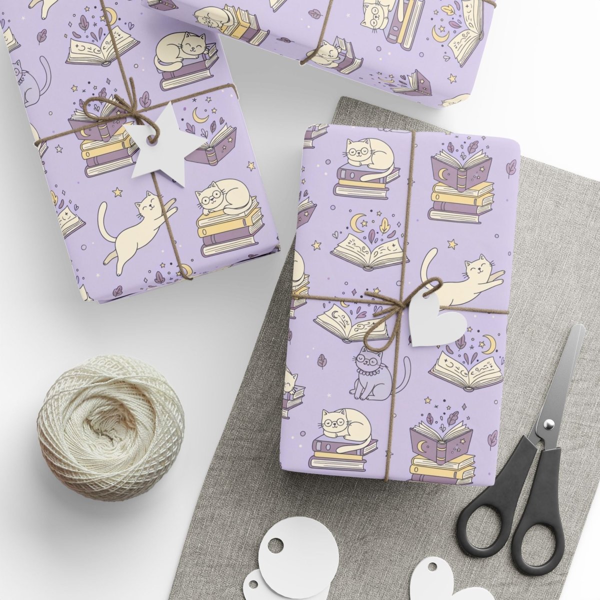 Paws & Prose – Lilac Bookish Cat Wrapping Paper