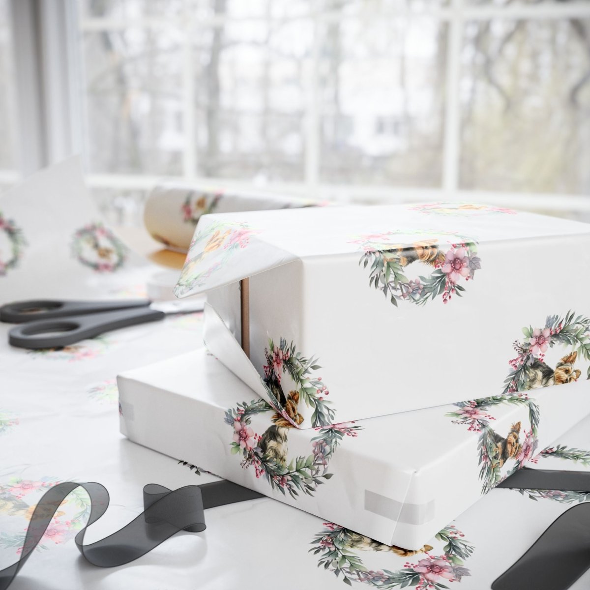 Paw - liday Wreaths & Wags – Yorkie Christmas Wrapping Paper