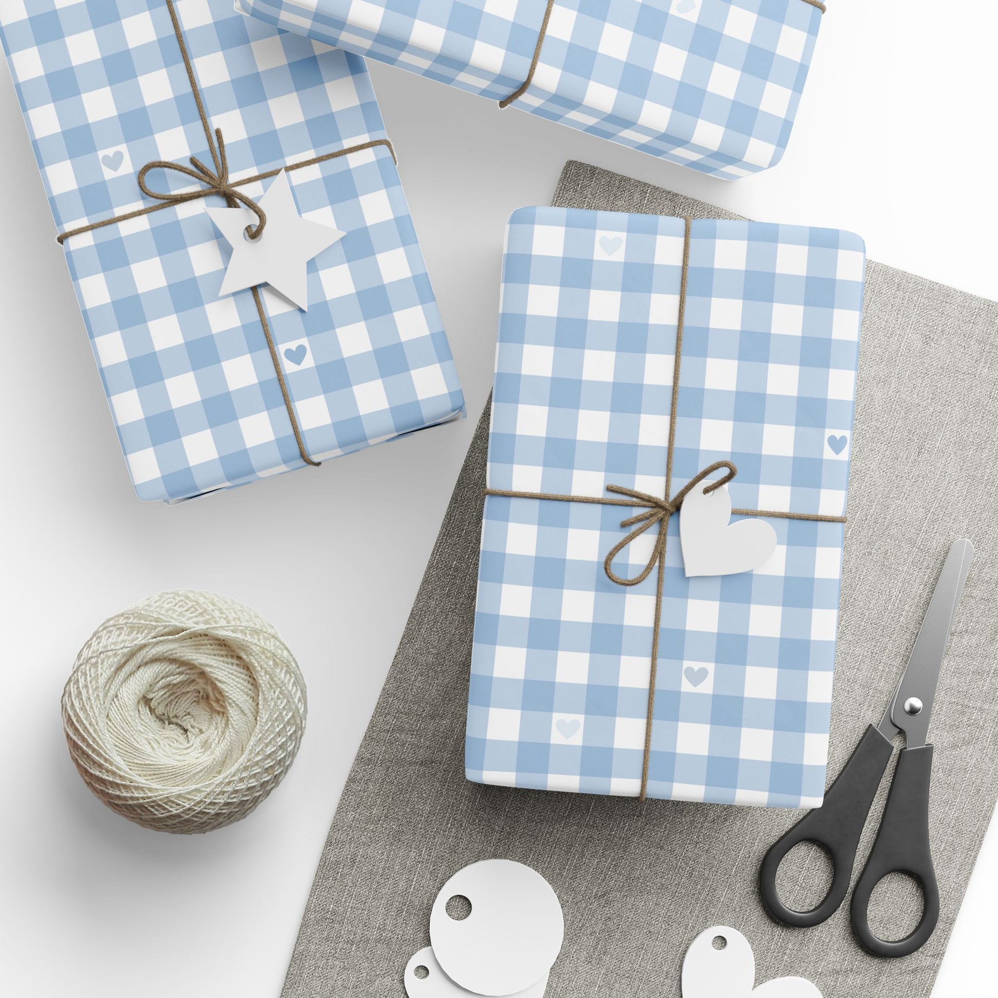 Gingham Blue with Small Hearts Wrapping Papers