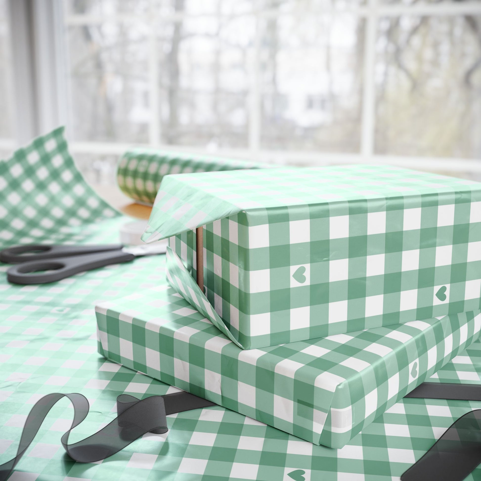 Gingham Green with Small Hearts Wrapping Papers