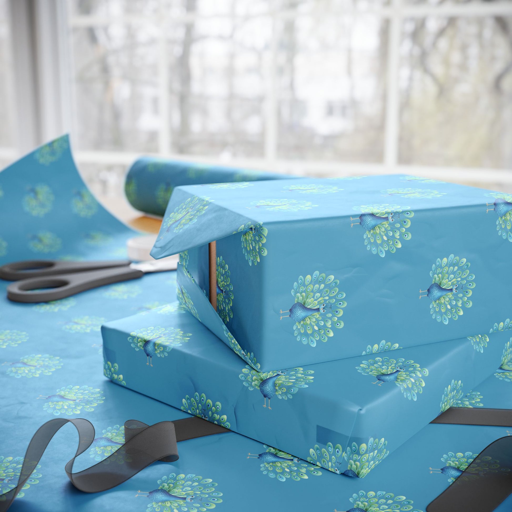 Pretty Blue Peacock Print Gift Wrap