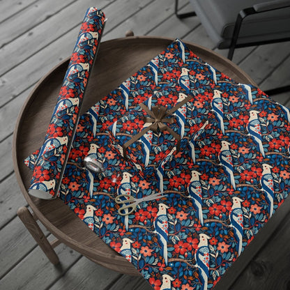 Red and Blue Parrot Floral Gift Wrap Paper