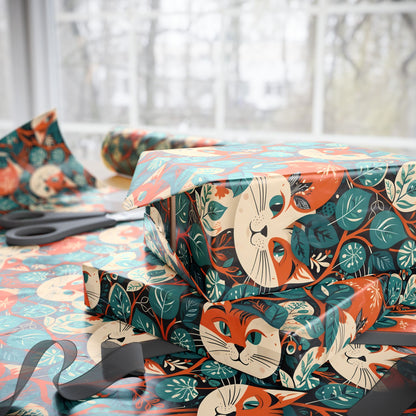 Green Orange Retro Cat Pattern Gift Wrap