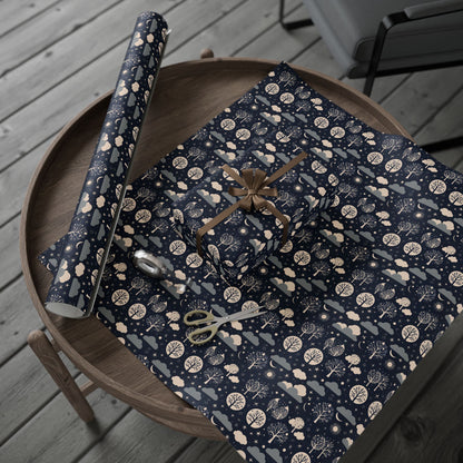 Wrapping Paper - Abstract Moon Stars and Trees in Black and Beige