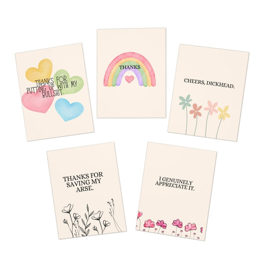 Snarky Thank You Greeting Card Set — 5-Pack Humorous Appreciation Cards (Cheers, Thanks for Saving My Arse, I Genuinely Appreciate It)
