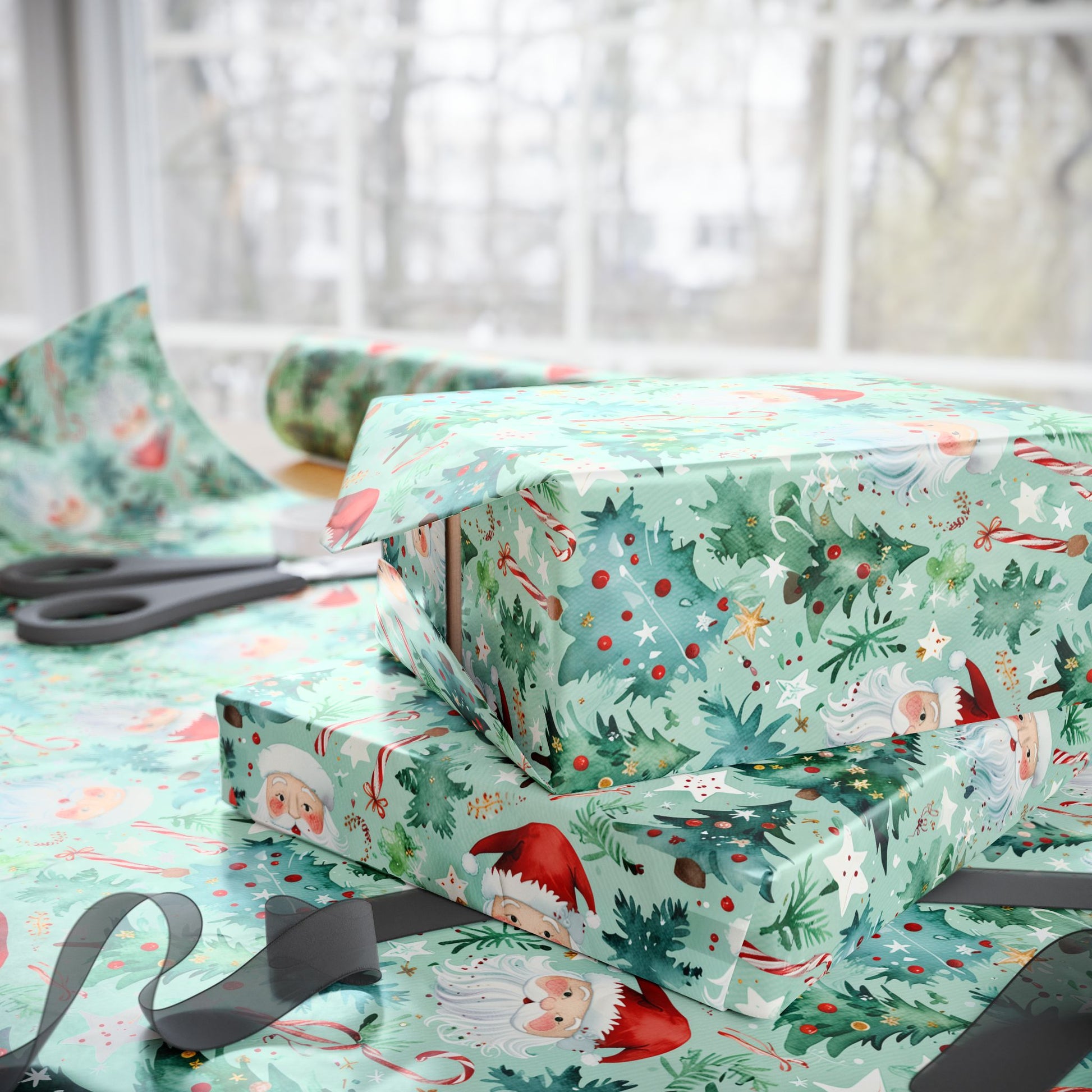 Santa’s Tree Lot – Whimsical Watercolor Christmas Wrapping Paper