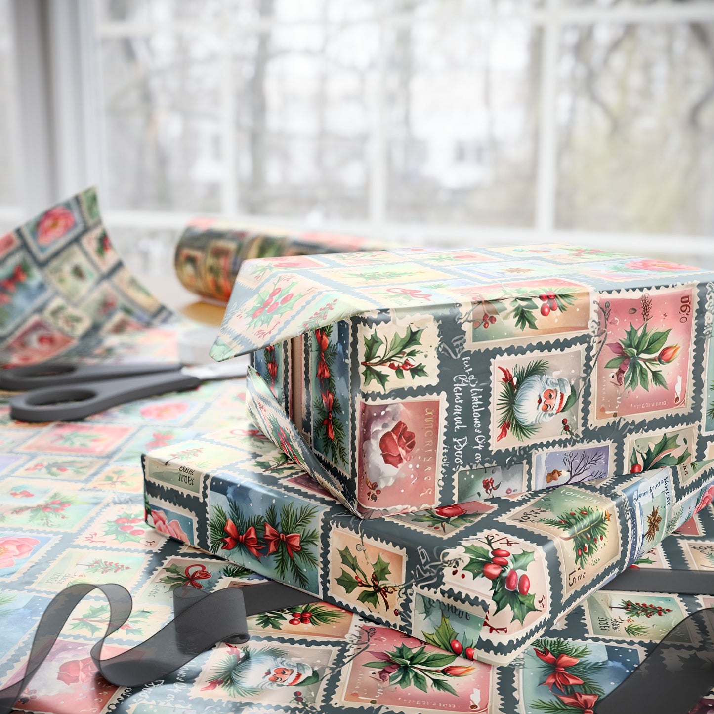 First - Class Festive – Vintage Holiday Stamps Wrapping Paper