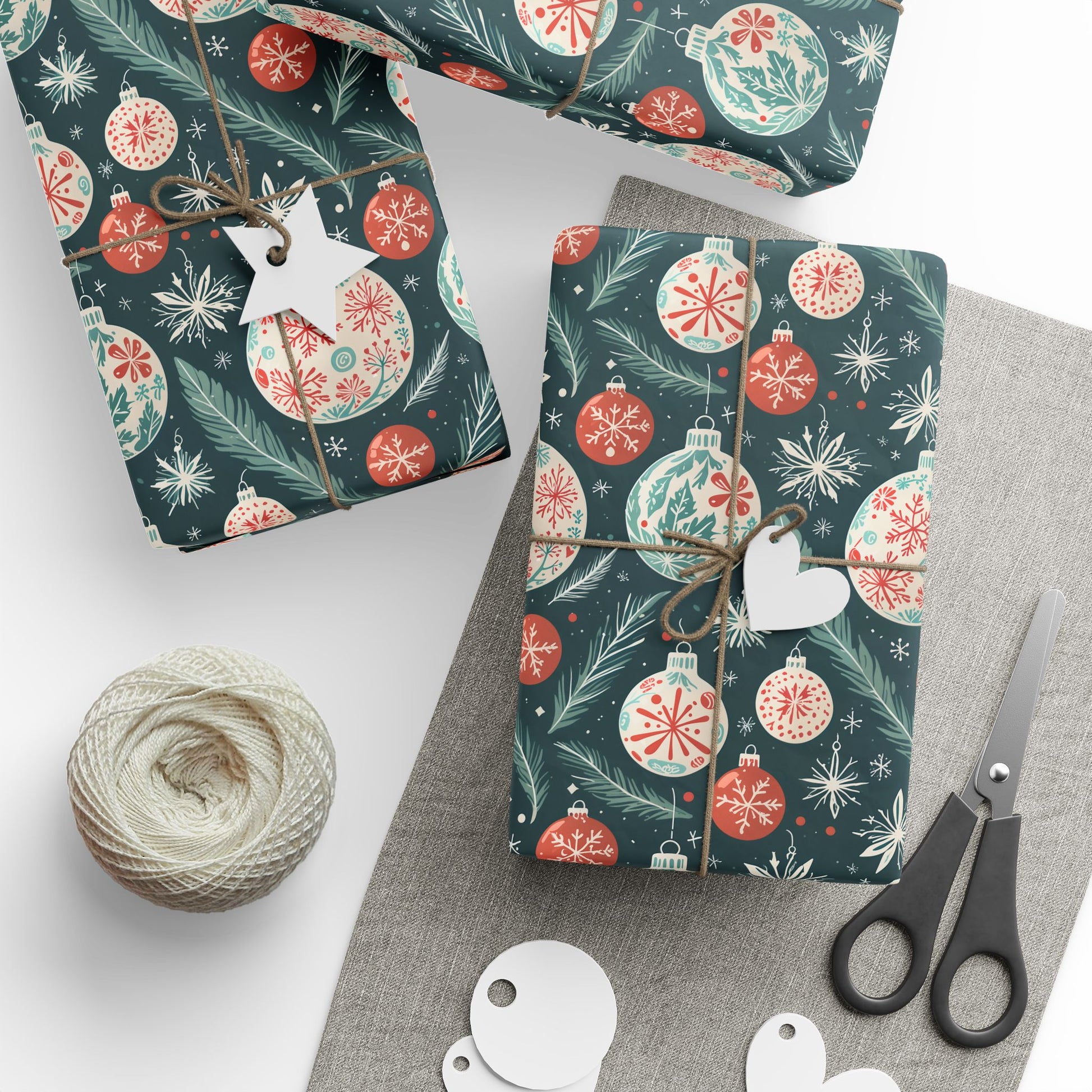 Frosted Evergreen – Retro Ornament & Pine Wrapping Paper