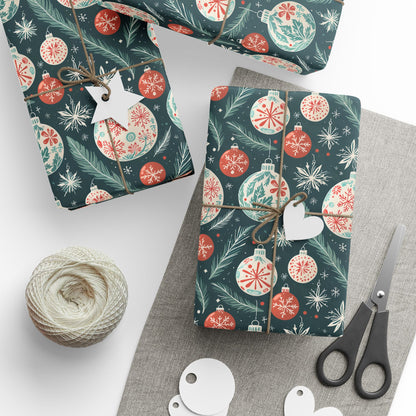 Frosted Evergreen – Retro Ornament & Pine Wrapping Paper