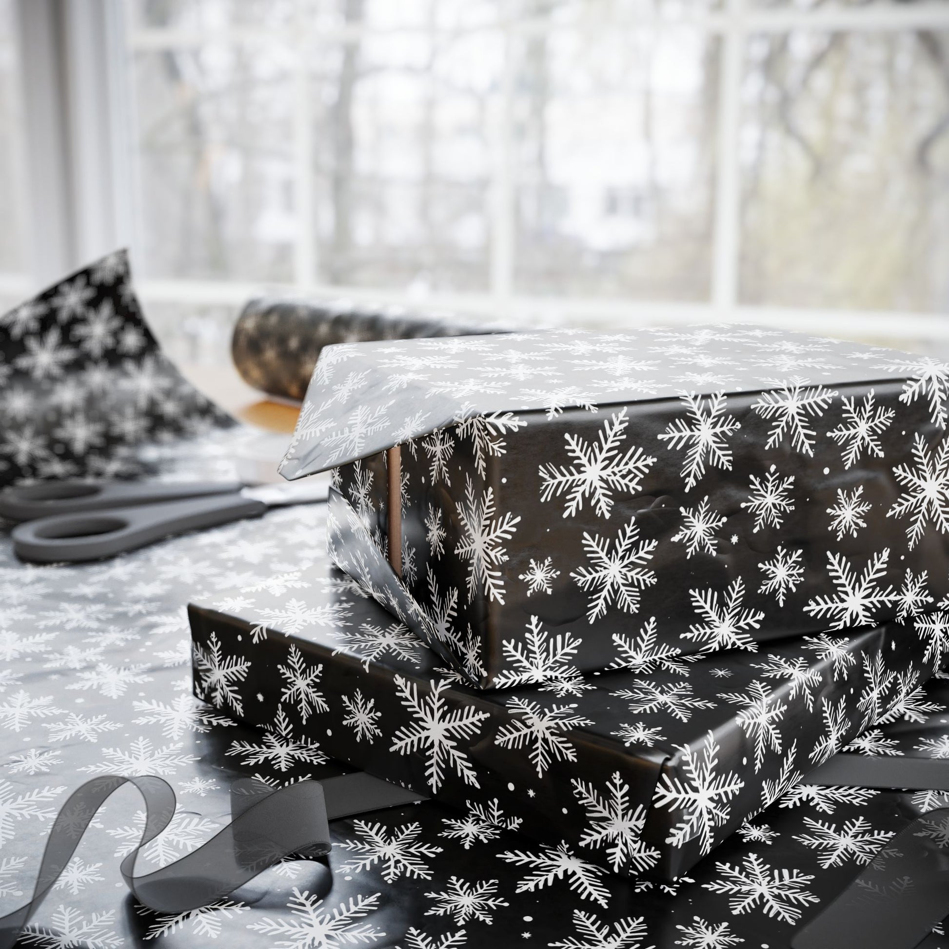 Midnight Flurries – Black & White Snowflake Wrapping Paper