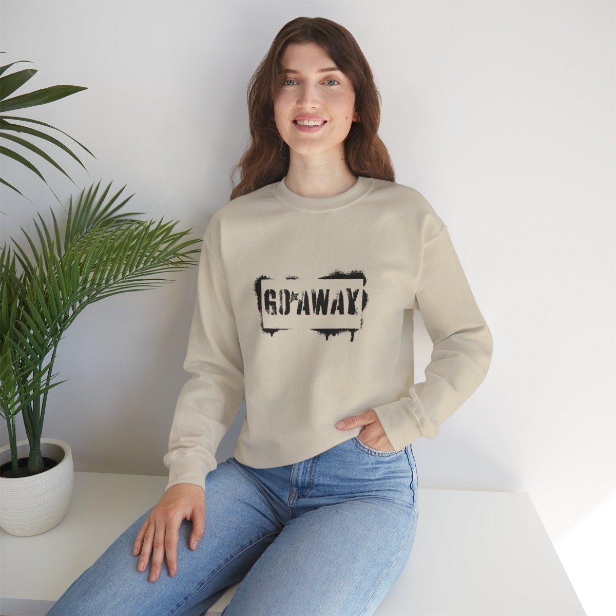 Crewneck Sweatshirt - 'Go Away' Stencil Graphic Cozy Pullover