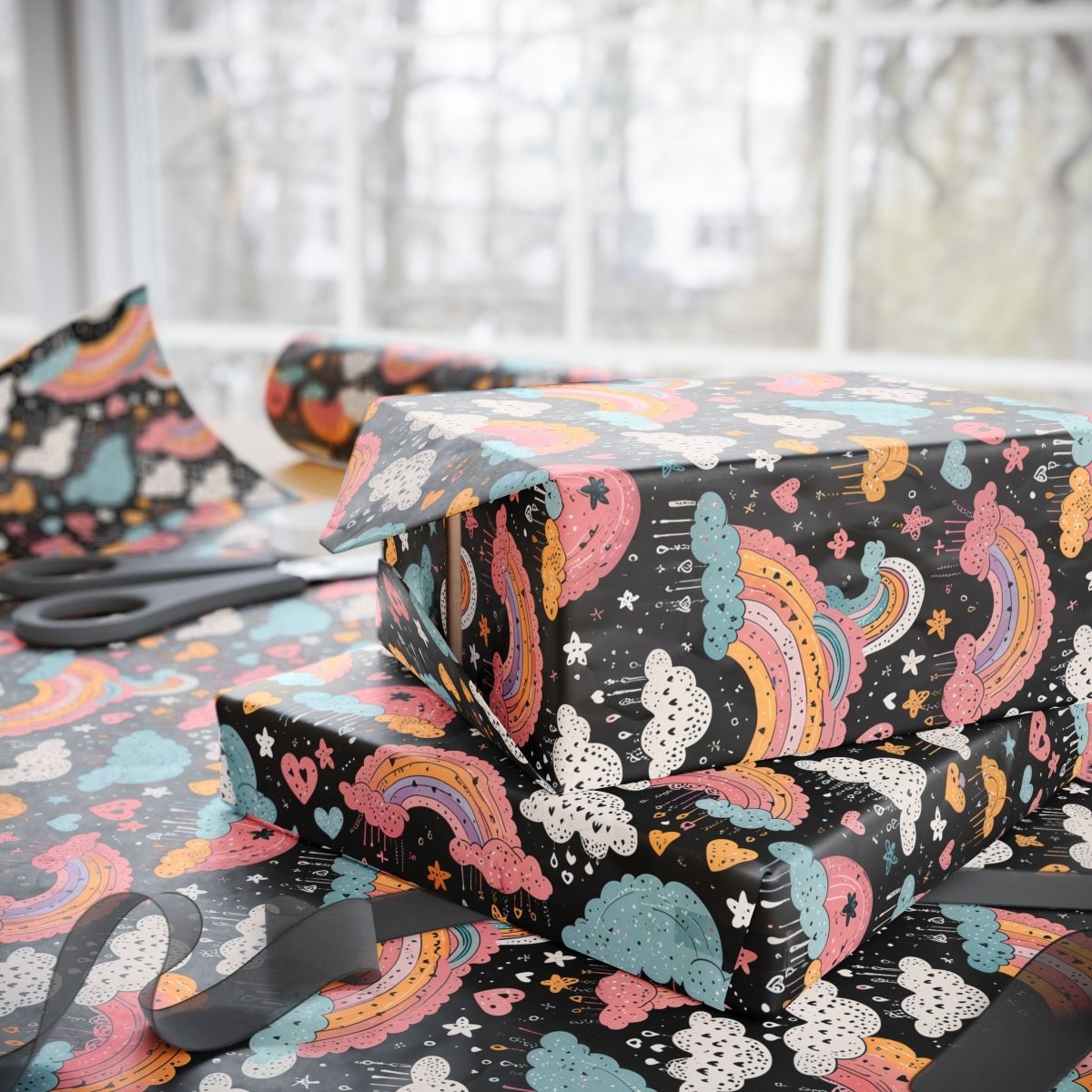 Midnight Rainbows – Whimsical Cosmic Wrapping Paper