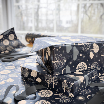Wrapping Paper - Abstract Moon Stars and Trees in Black and Beige