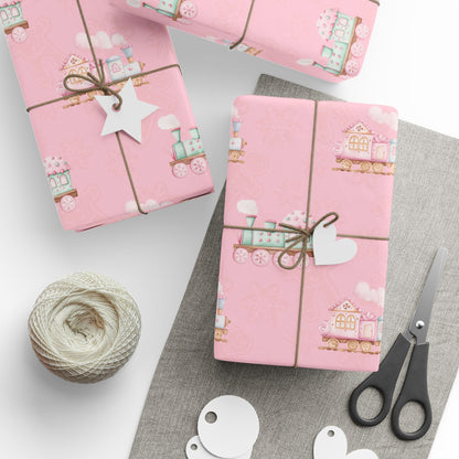 Candy Caboose – Pink Gingerbread Train Wrapping Paper