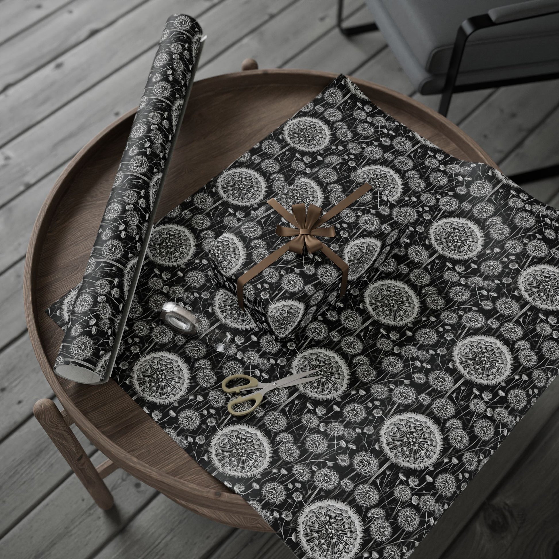 Wrapping Papers - Dandelion Seed Head Flowers Black and White Line Drawings