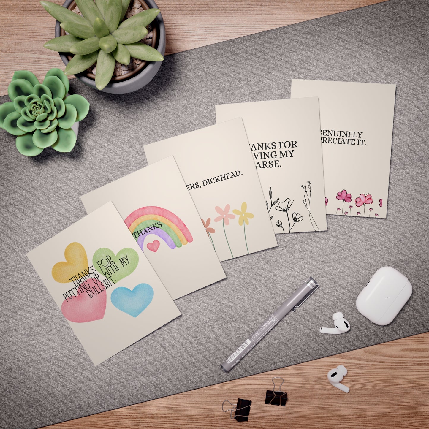 Snarky Thank You Greeting Card Set — 5-Pack Humorous Appreciation Cards (Cheers, Thanks for Saving My Arse, I Genuinely Appreciate It)