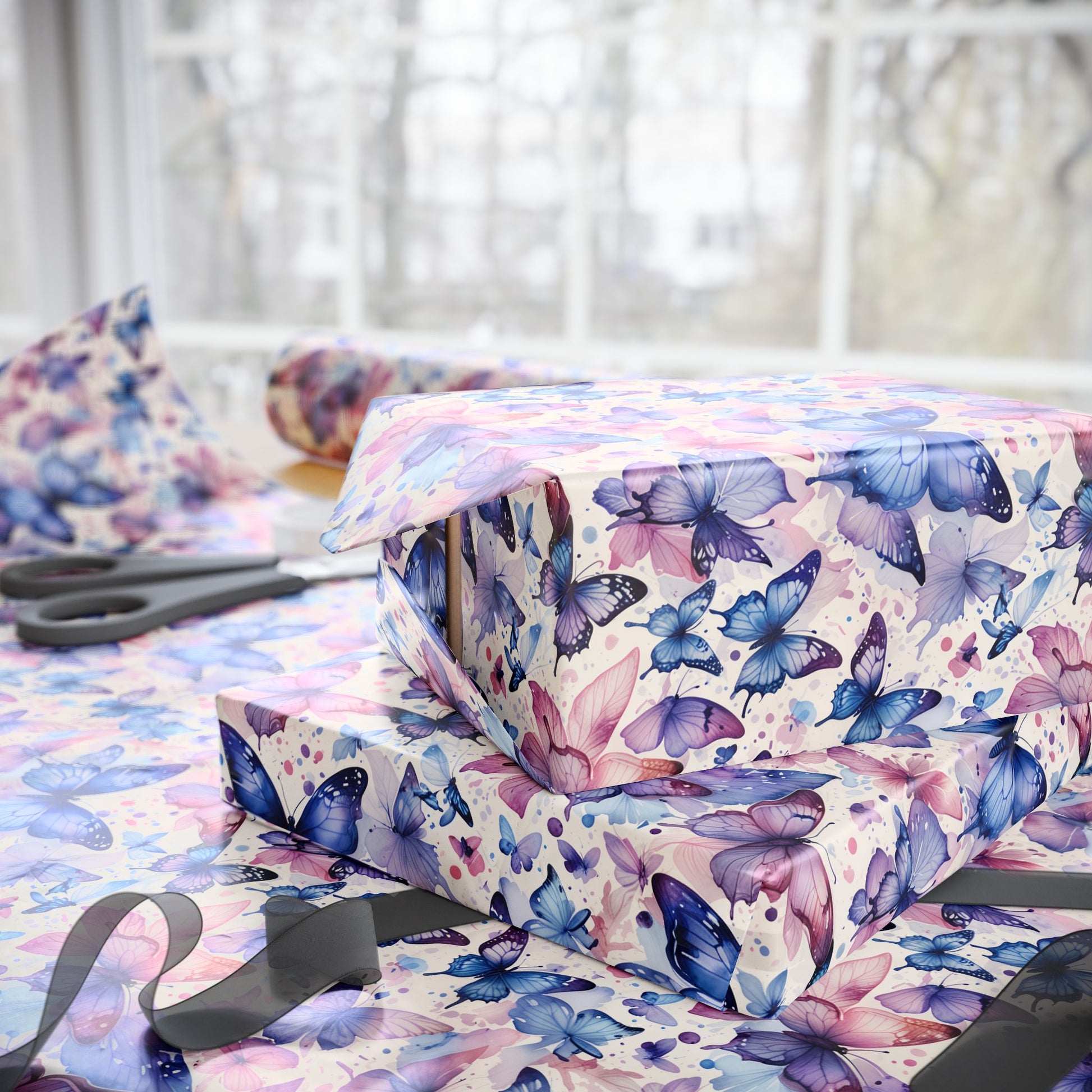 Flutter Fancy – Watercolor Butterfly Wrapping Paper in Blue & Blush