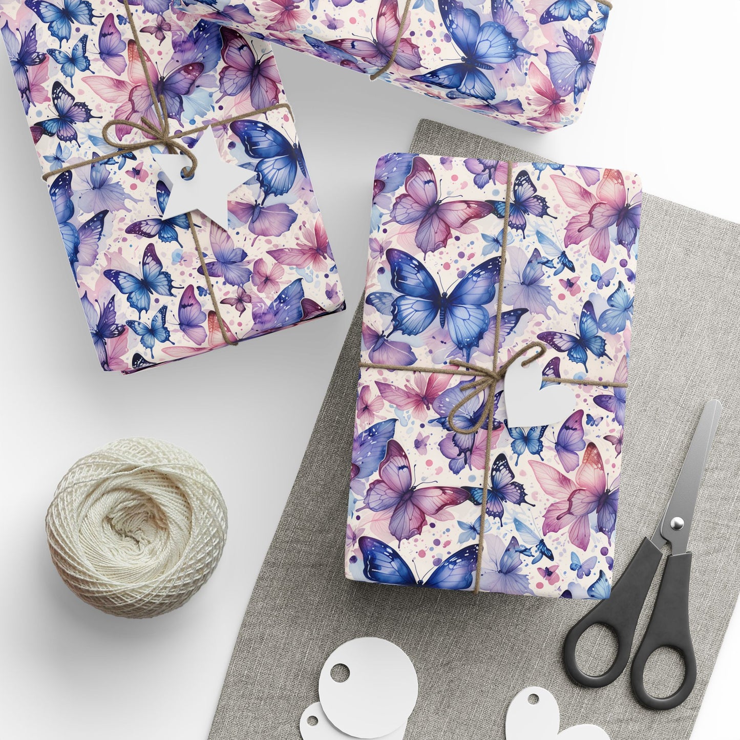 Flutter Fancy – Watercolor Butterfly Wrapping Paper in Blue & Blush