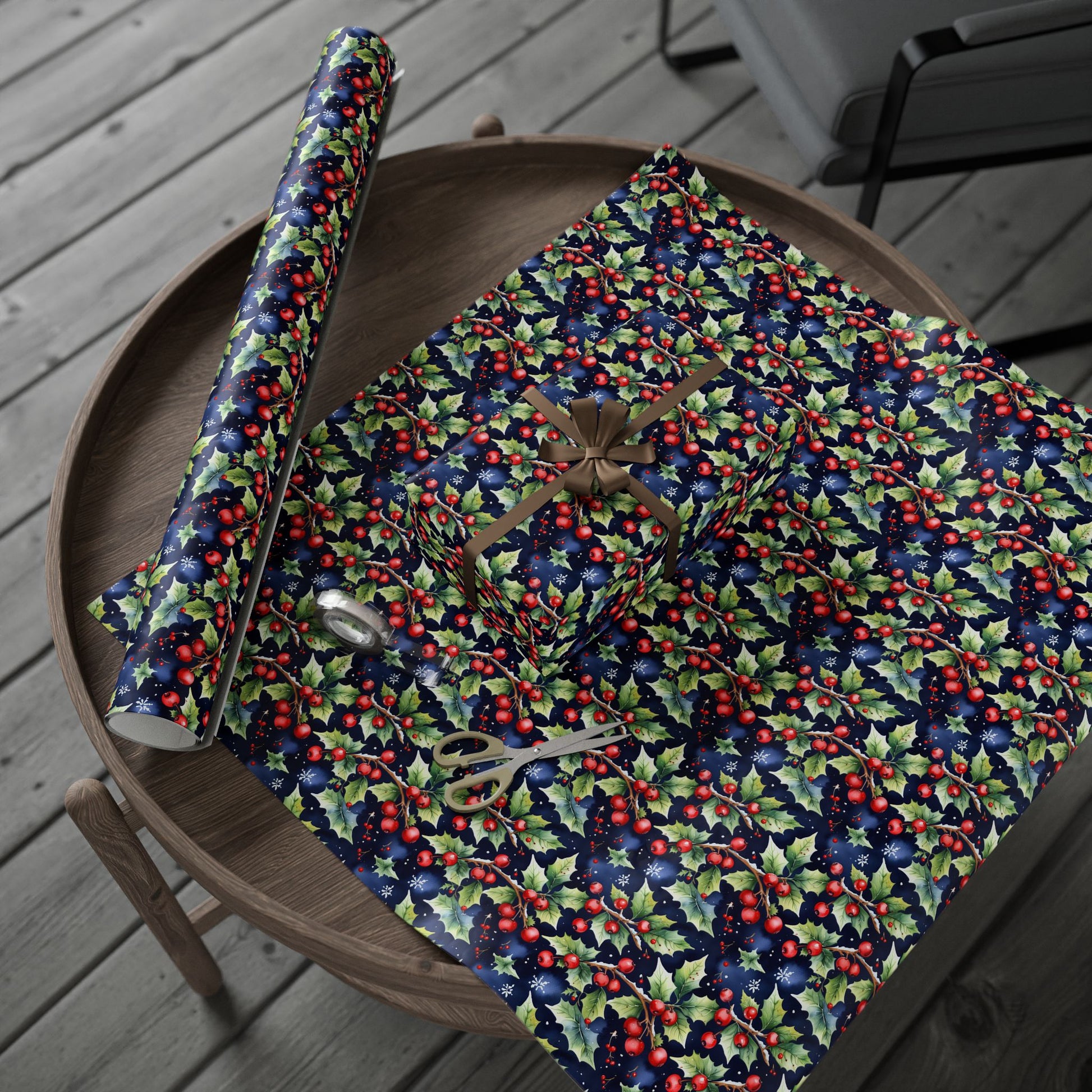 Holly Jolly Luxe – Navy & Berry Botanical Wrapping Paper