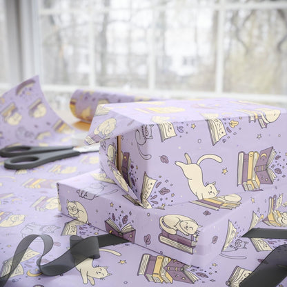 Paws & Prose – Lilac Bookish Cat Wrapping Paper