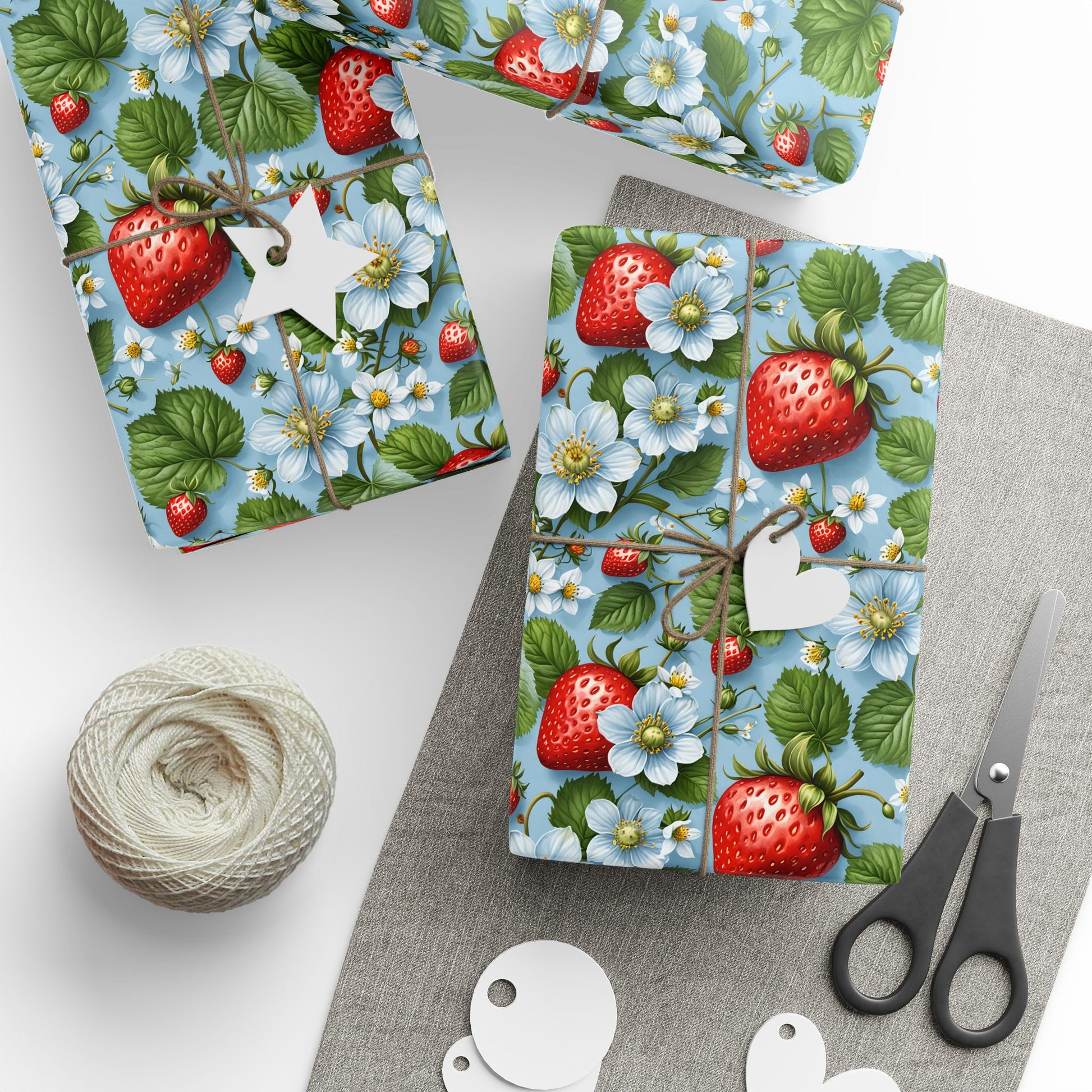 Blue Wrapping Paper featuring Delightful Strawberries