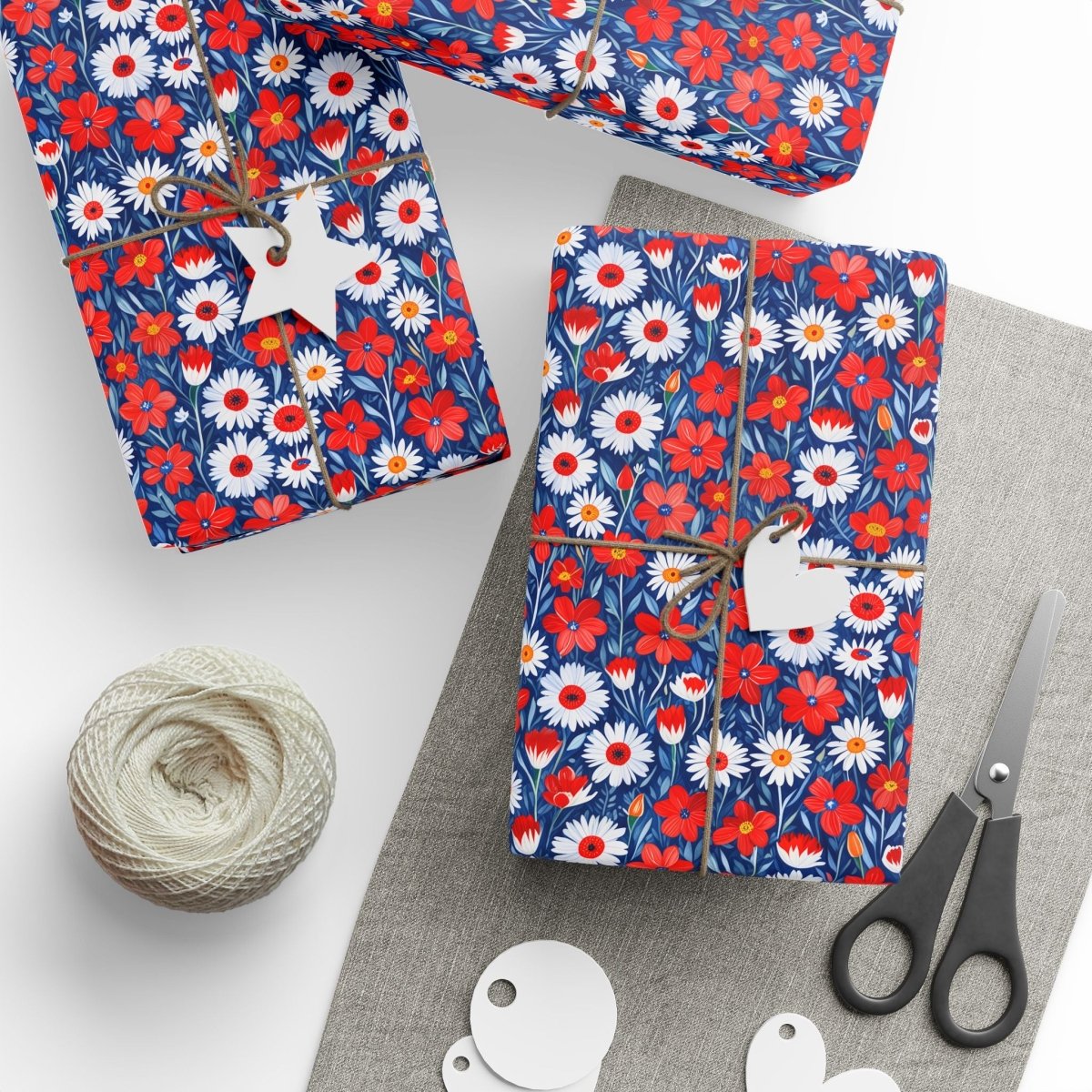 Vibrant Red, Blue and White Floral Wrapping Paper