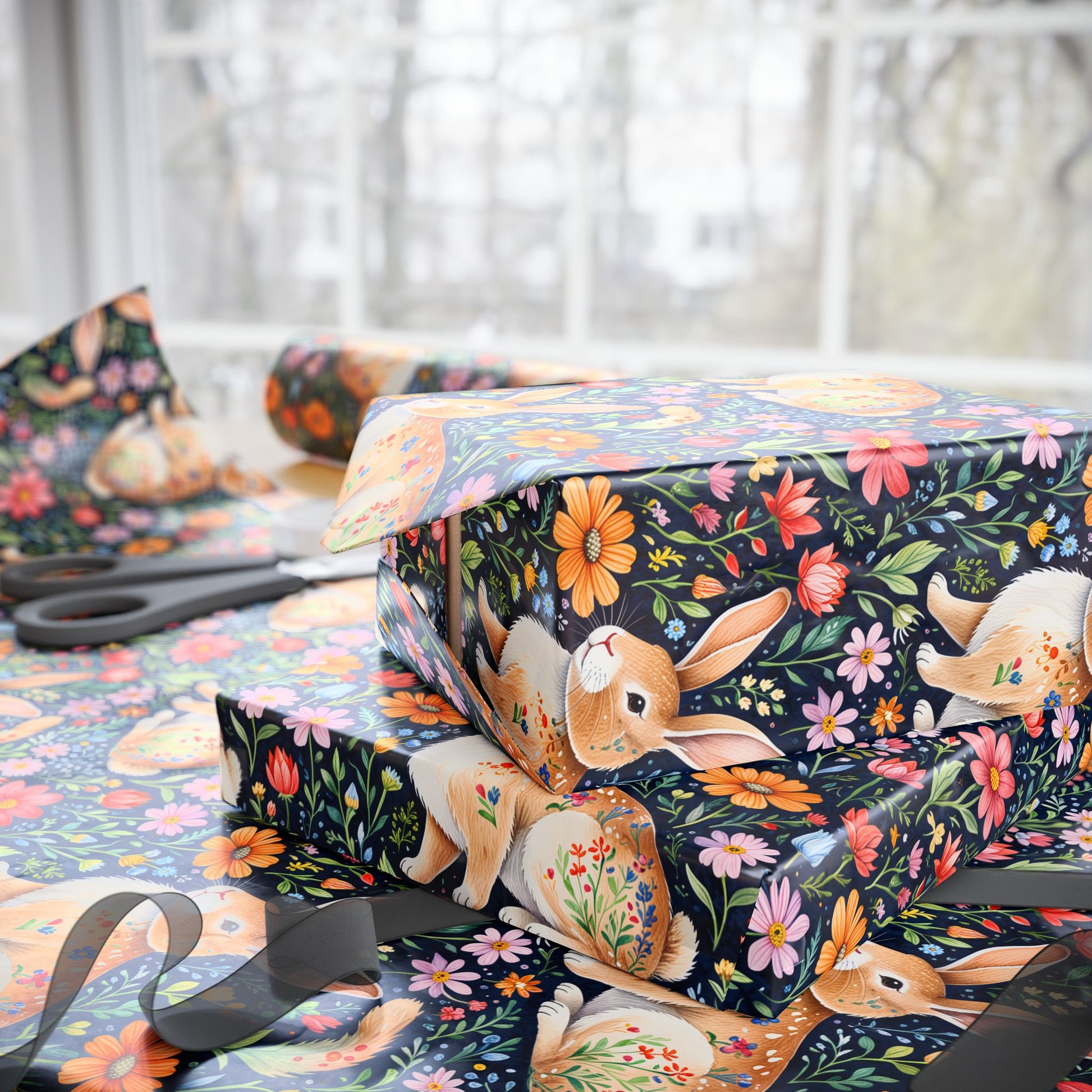 Whimsical Floral Bunny Wrapping Paper