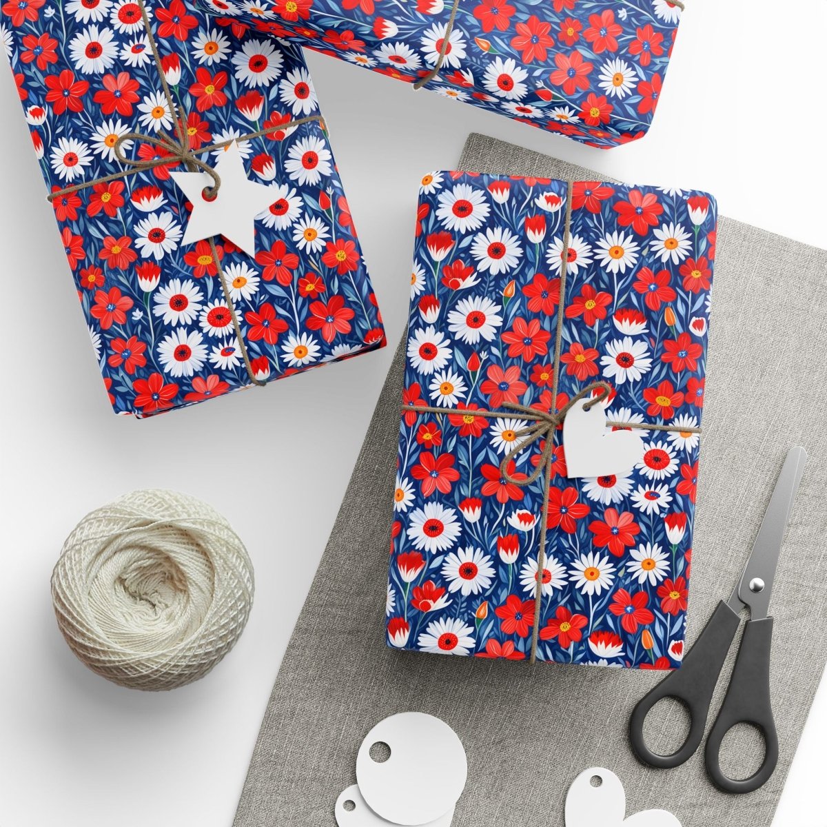 Vibrant Red, Blue and White Floral Wrapping Paper