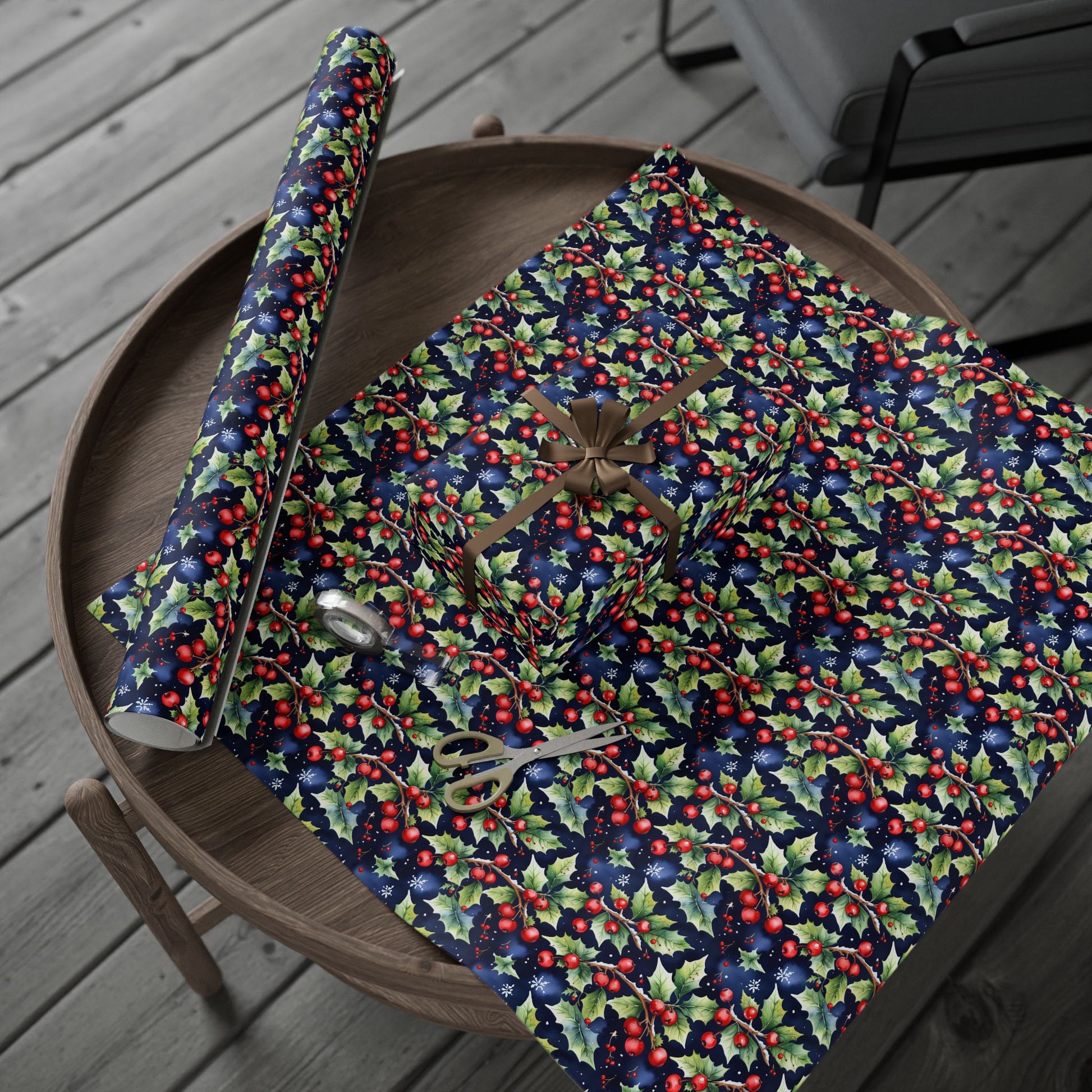 Holly Jolly Luxe – Navy & Berry Botanical Wrapping Paper