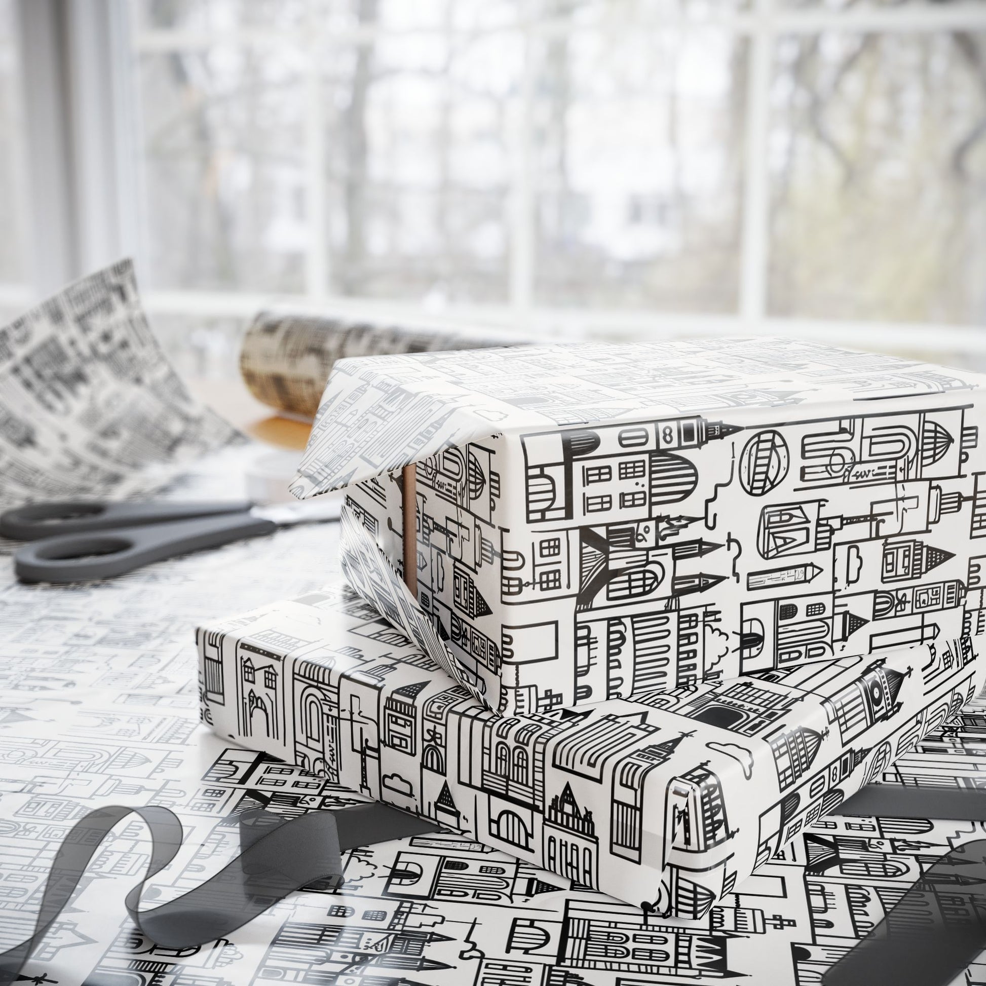 Elegant Black and White Abstract Cityscape Wrapping Paper