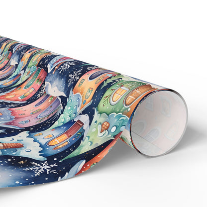 Holiday Wrapping Papers with Sparkling Star, Cute Snowflake, and Christmas Village Design