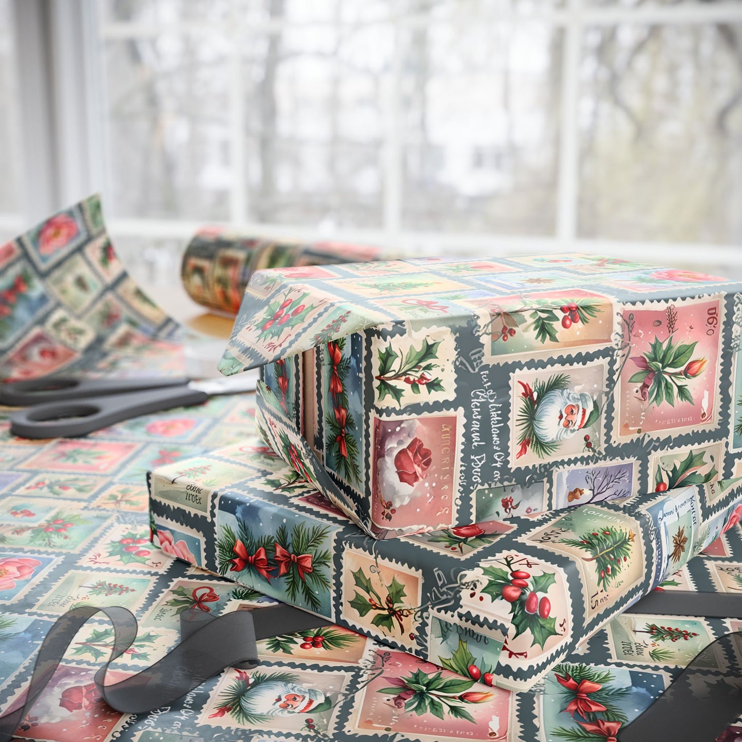 First - Class Festive – Vintage Holiday Stamps Wrapping Paper