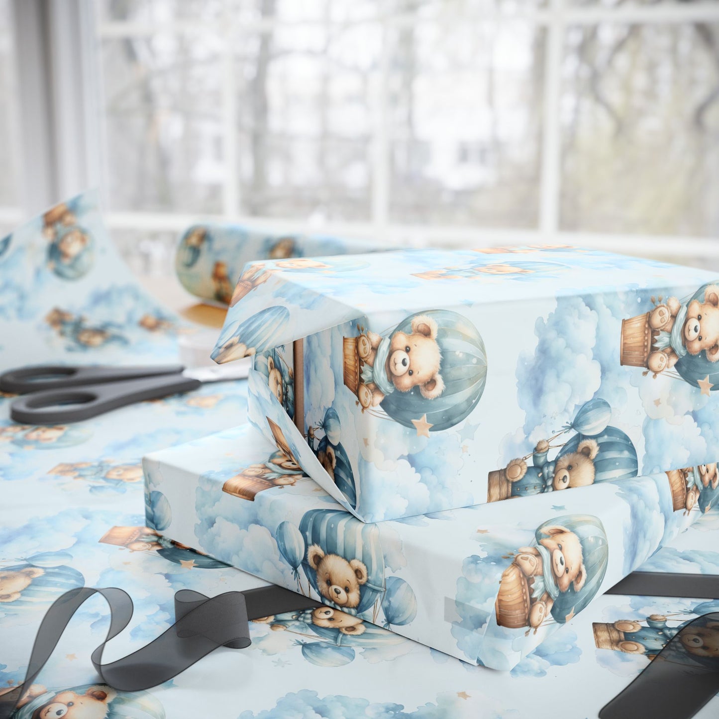 Bears in Blue Hotair Balloons Design