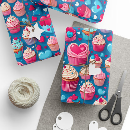 Hearts, Cupcakes, Hot Pink and Blue Valentine Gift Paper