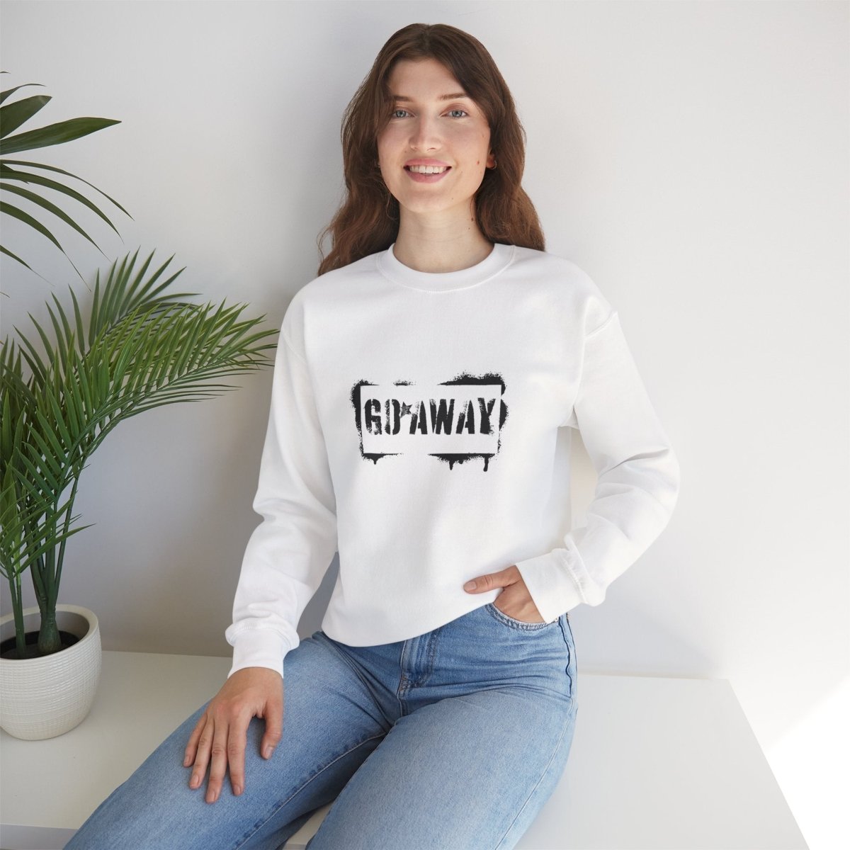 Crewneck Sweatshirt - 'Go Away' Stencil Graphic Cozy Pullover