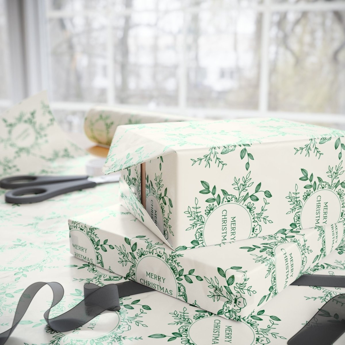 Evergreen Wreaths – Green Botanical Christmas Wrapping Paper