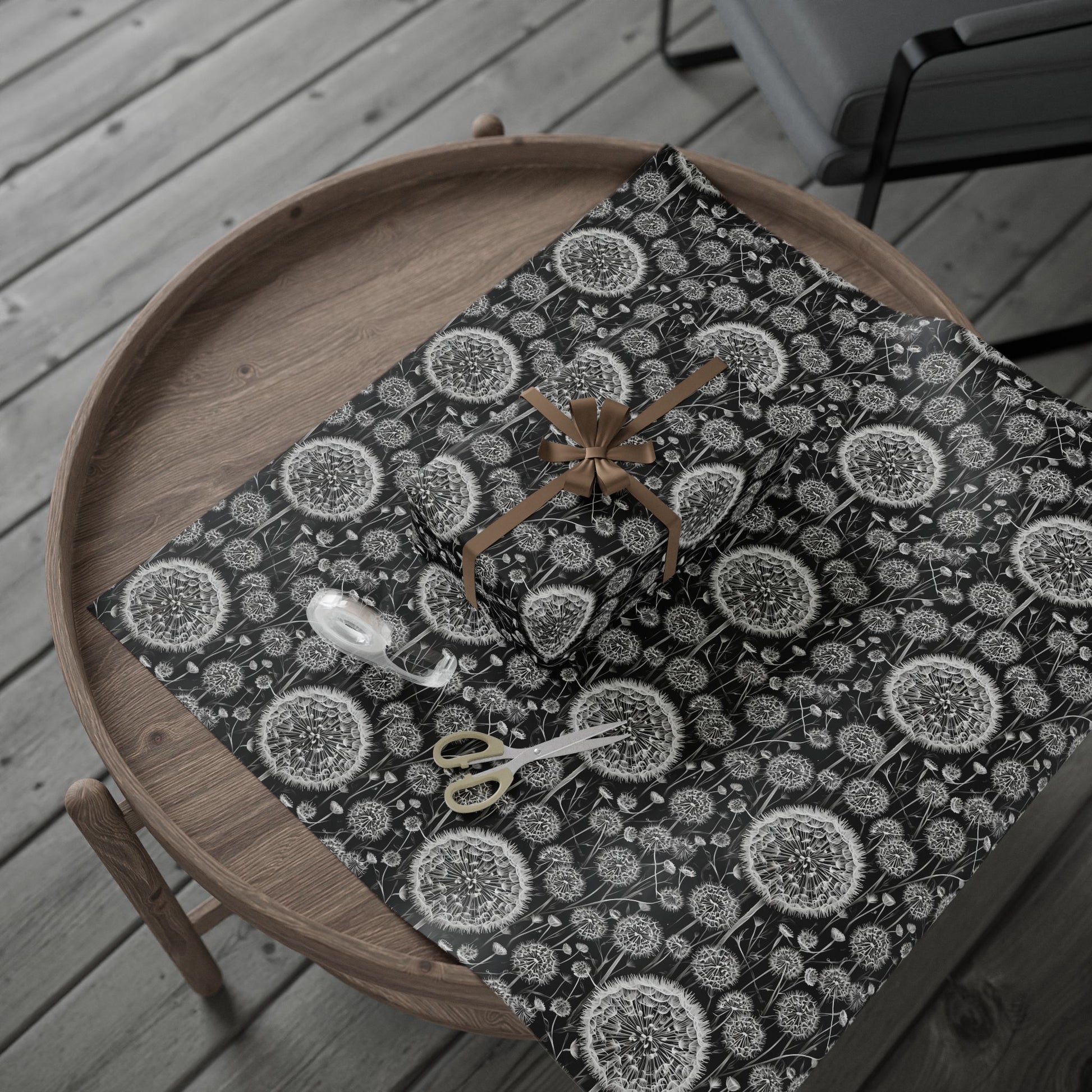 Wrapping Papers - Dandelion Seed Head Flowers Black and White Line Drawings