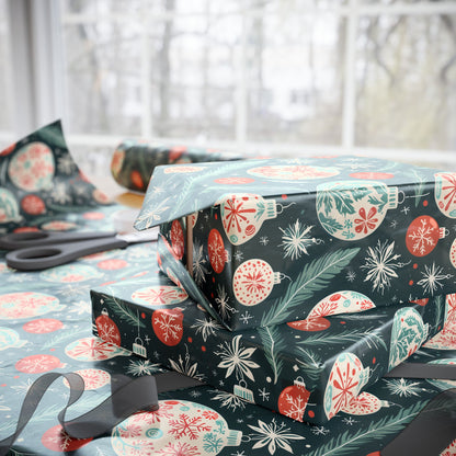 Frosted Evergreen – Retro Ornament & Pine Wrapping Paper