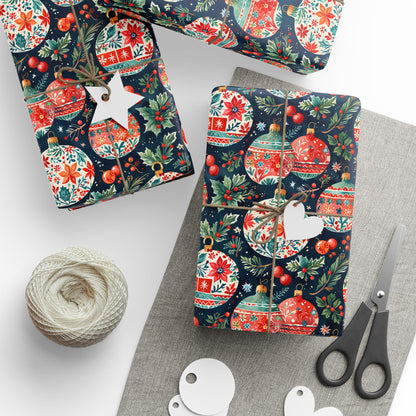 Twinkle Tinsel & Midnight Mistletoe – Folk Art Ornament Wrapping Paper