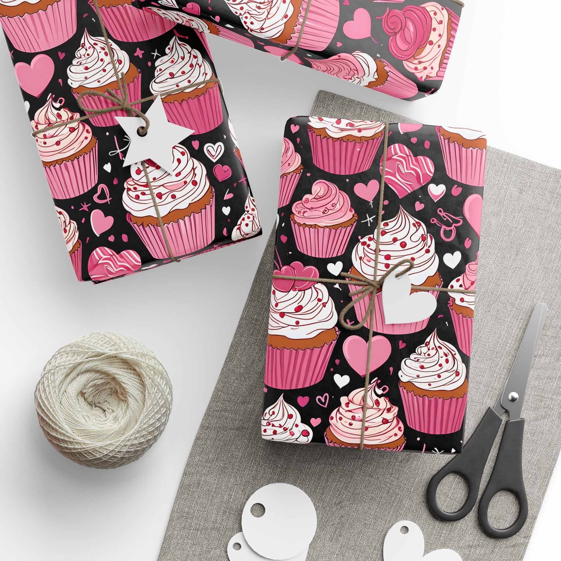 Cupcake and Heart Valentine Gift Paper in pink and white on a black background