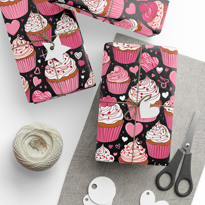 Cupcake and Heart Valentine Gift Paper in pink and white on a black background
