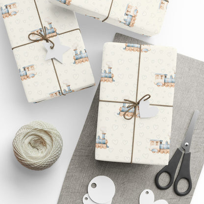 All Aboard Cuteness – Baby Blue Train Wrapping Paper