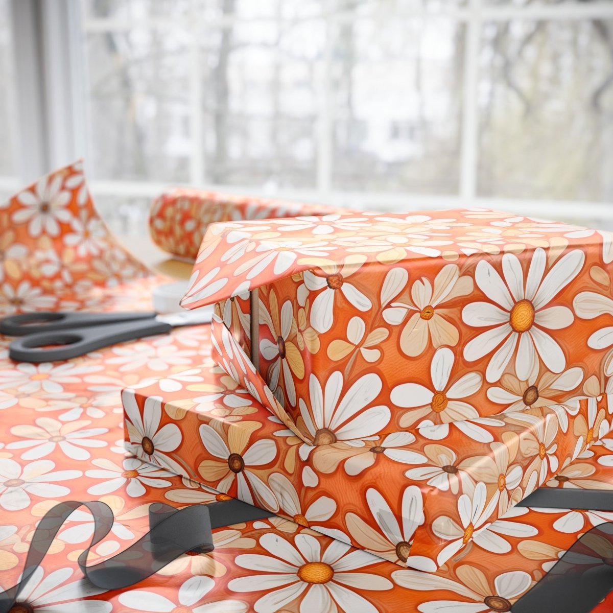 Charming Orange Floral Gift Wrap