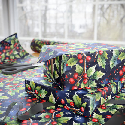 Holly Jolly Luxe – Navy & Berry Botanical Wrapping Paper